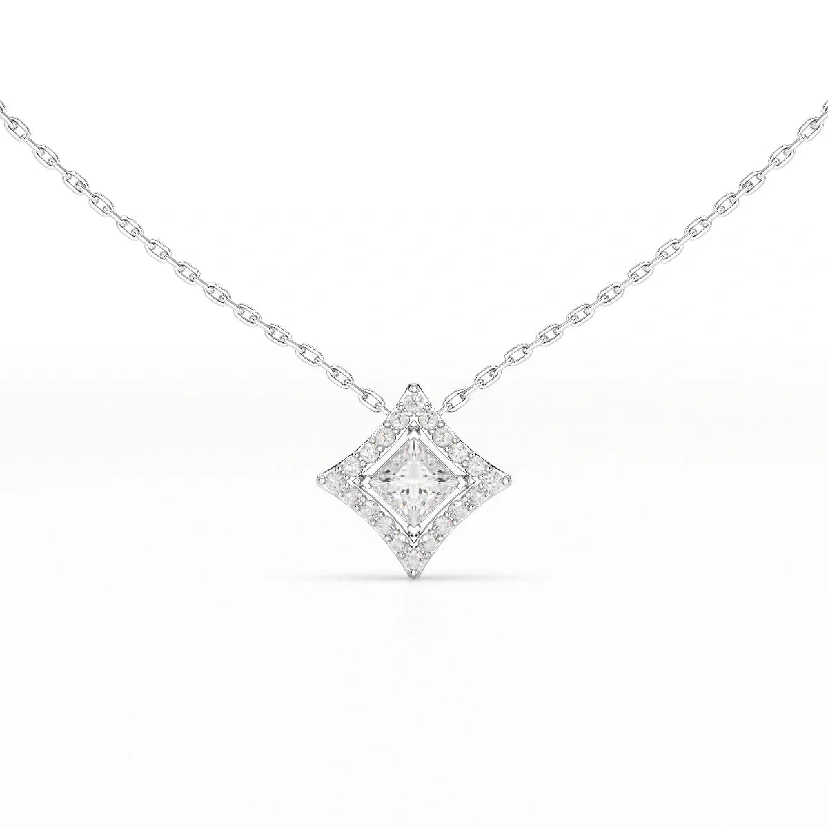 0.70 CT Princess Cut Halo Chain Pendant with Round Diamonds
