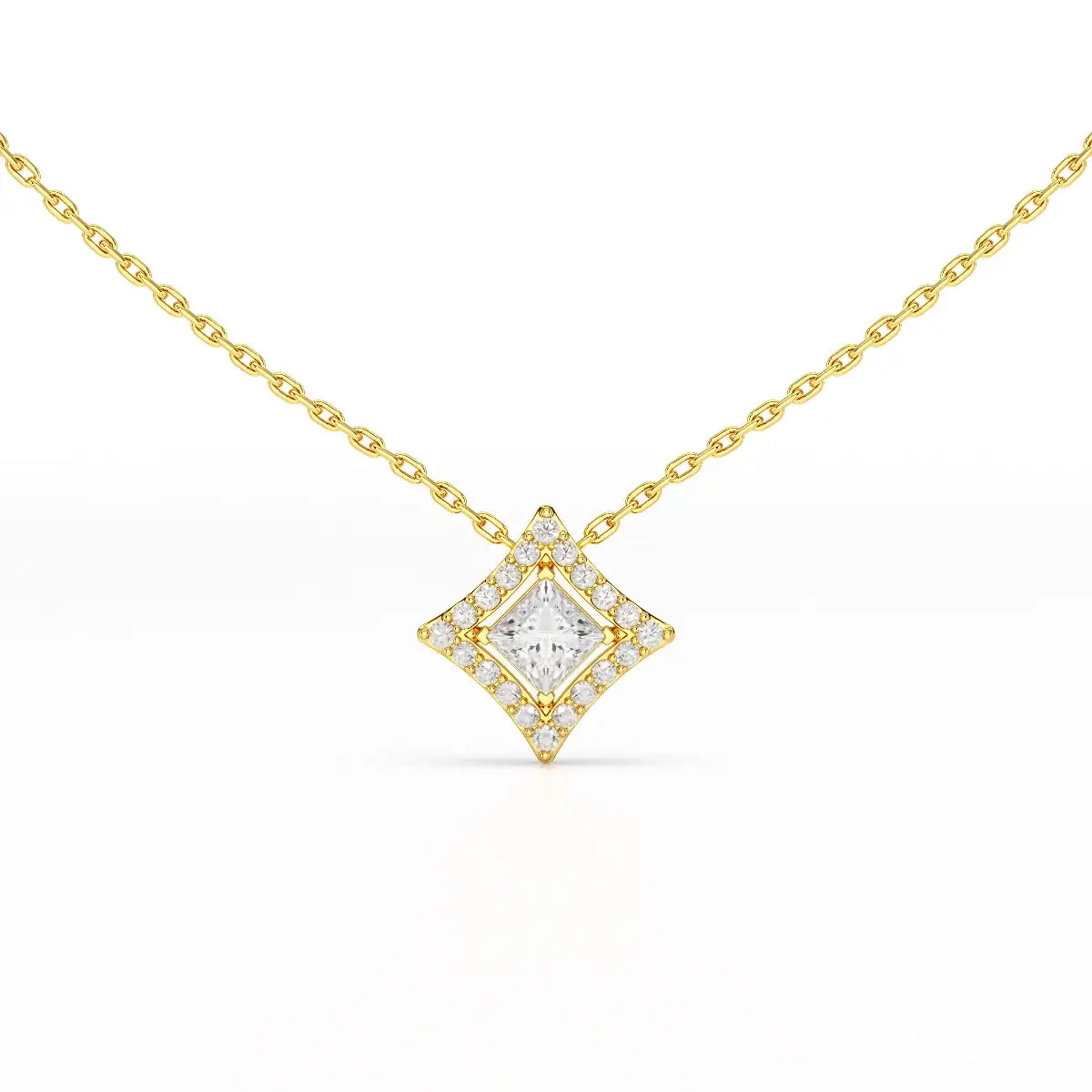0.70 CT Princess Cut Halo Chain Pendant with Round Diamonds