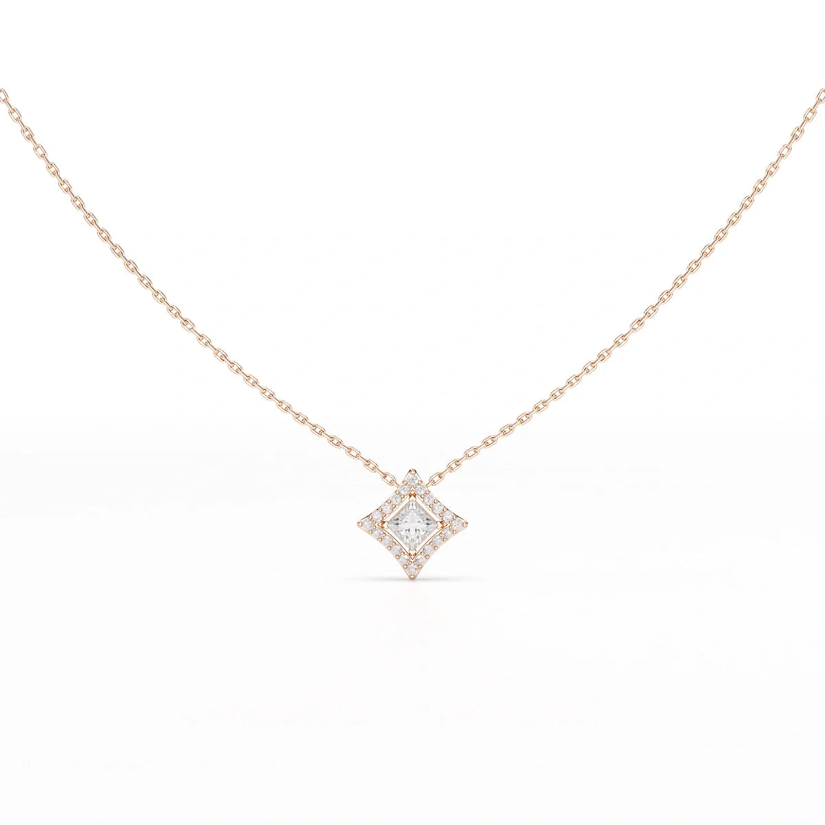 0.70 CT Princess Cut Halo Chain Pendant with Round Diamonds