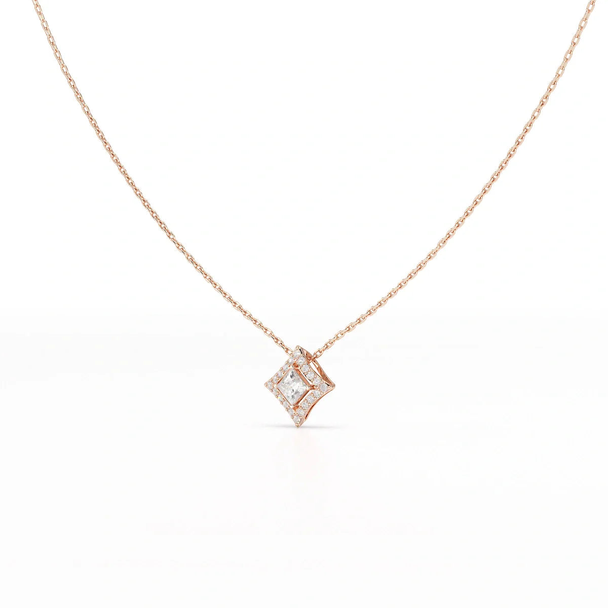 0.70 CT Princess Cut Halo Chain Pendant with Round Diamonds